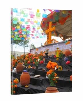 traditional mexican kiosk in a town plaza decorated with marigold-cempasuchil and the altar-ofrenda for the day of the dead- dia de los muertos, Mexico