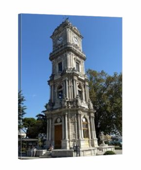 Dolmabahçe Clock Tower in Istanbul under Clear Blue Sky, Historical Ottoman Architecture and Landmark Monument Photography