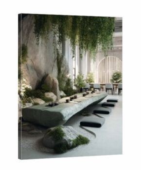 Zen Stone Table Setting in Modern Interior with Natural Elements and Hanging Vines, Low Angle, Bright and Airy