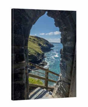 Ruins of Tintagel Castle at Tintagel, Cornwall, England, on a summer day.