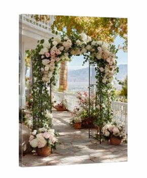 Elegant wedding pathway decorated with floral arch high resolution picture