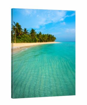Tropical island beach landscape exotic shore coast. Tranquil closeup calm sea water waves with palm trees. Beautiful Panorama. Summer vacation, holiday amazing nature. Relax paradise, Maldives.
