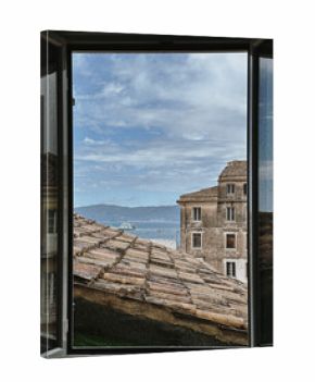 View of Rooftops and Sea from Window