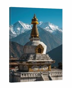 Chendebji chorten stupa against a backdrop of snowy mountains.