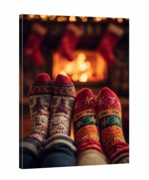 Two pairs of feet in festive knit socks rest by a glowing fireplace. Concept: comfort, intimacy, hygge, winter warmth, home atmosphere, cozy togetherness, seasonal peace.