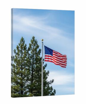 American flag waving against a blue sky