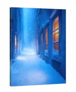 Snow falls gently in a narrow alley during a winter evening, creating a serene atmosphere. Warm lights glow from windows, inviting a sense of comfort amidst the cold surroundings