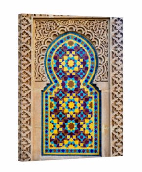 Colorful Moroccan-style mosaic from the Hassan II Mosque in Casablanca. Part of traditional Moroccan architecture.