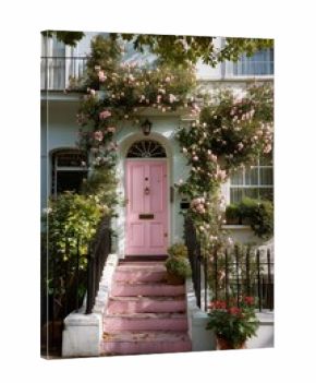 Pink Door With Blooming Roses and Green Foliage in a Charming Neighborhood