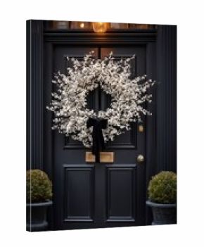 Beautiful White Wreath on a Dark Door With Plants in Front During Evening Light