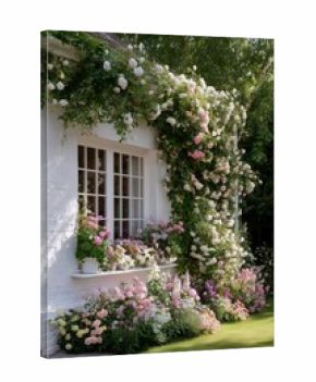 Colorful Roses Bloom Beside a Cozy Cottage During a Sunny Afternoon in a Serene Garden