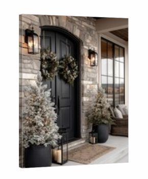 Beautiful Winter Entrance Decorated With Wreaths and Frosted Trees in a Cozy Home Setting