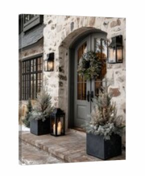 Beautiful Winter Entrance Decorated With Wreaths and Frosted Trees in a Cozy Home Setting