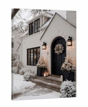 Winter Snowfall Covers Charming House With Festive Decorations in Quiet Neighborhood