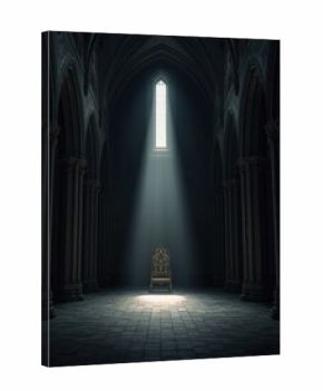 Dramatic Interior View of a Gothic Cathedral with a Single Chair Illuminated by Sunlight