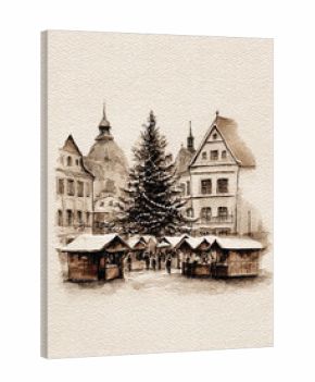 Winter market scene with Christmas tree and festive stalls in a charming town square