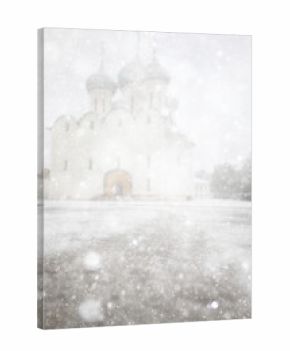 Church, cathedral and snowfall in Russia abstract white blurred background, Vologda Kremlin historical place