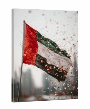 Flag of Sudan Waving Proudly Amidst Colorful Confetti in an Urban Setting