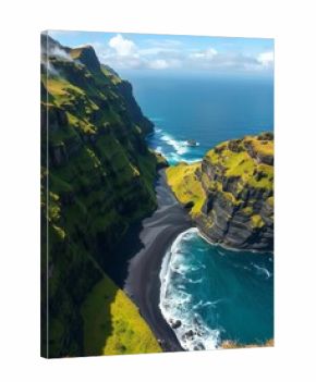 Lush green cliffs embrace a crescent of volcanic black sand, dramatic and wild,  nature,  seascape