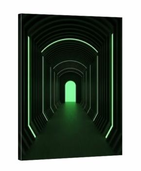 Enigmatic green-lit tunnel with dark structure and glowing exit