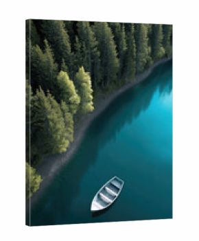 Small wooden boat floats on calm turquoise lake near dense green forest, peaceful and serene atmosphere