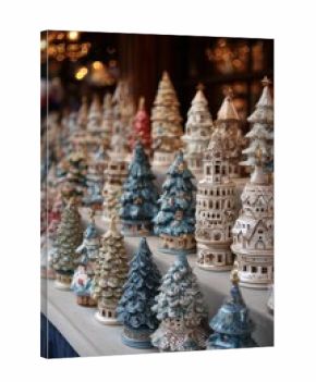 Close-up of colorful hand-painted glass baubles with winter scenes at a Christmas market. Traditional tree decorations evoking nostalgia and festive holiday spirit.