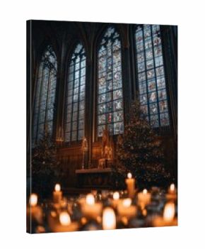 Lit candles inside a decorated church with stained glass windows and Christmas trees glowing in the background. Peaceful moment filled with warmth, light, and sacred stillness.