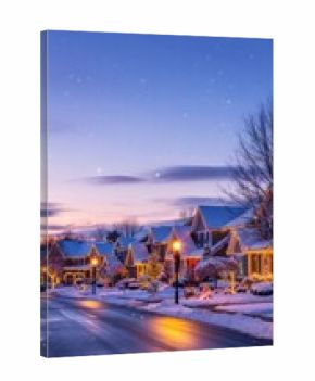 Residential street with houses decorated for Christmas and New Year. Winter evening scene with holiday lights and snow. Seasonal festive mood.