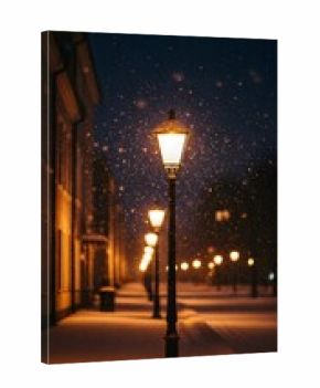 Snowy night street scene with illuminated street lamps casting a warm glow on the freshly fallen snow