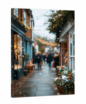 A snowy street with people walking and a Christmas tree in the background