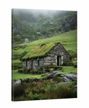 Small Irish stone cottage with mossy roof sits among soft green hills under misty air, sheep grazing in the distance.