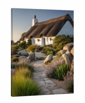 A whitewashed Irish cottage with thatched roof and stone path stands amid blooming bushes in gentle morning light. The calm atmosphere reflects traditional rural life.