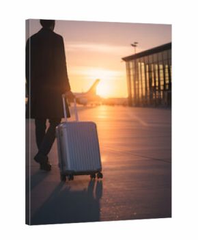 Close up of traveler with a suitcase at the airport at sunset. AI Generative