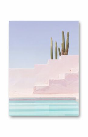 A serene poolside view with minimalist architecture and cacti against a clear blue sky near a swimming pool