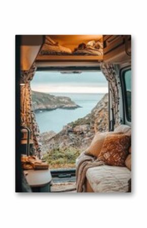 A peaceful scene of traveling and relaxing in a motorhome, showcasing the freedom of van life, with cozy interiors and a focus on exploration and comfort while on the road..