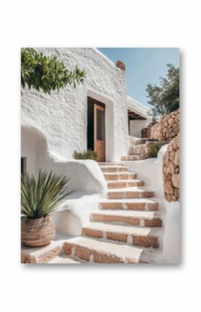 Stone white house in a garden with tropical plants and flowers