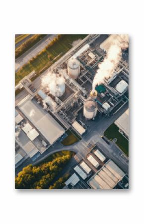 An aerial view of an industrial facility showing smoke emissions, storage tanks, and surrounding structures set amidst greenery.