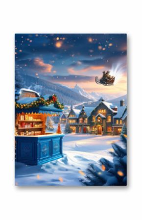 Empty icy blue Christmas product display podium, snow-covered hill overlooking a picturesque Christmas village, sleigh with glowing reindeer flies, shimmering frost and Christmas cheer, ad, podium