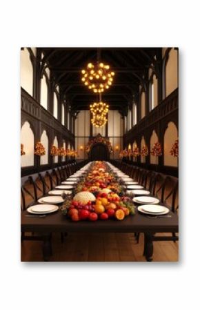 A grand dining hall set for a feast with a long table filled with fruits.