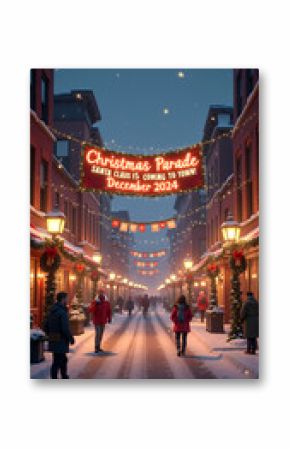 Festive Christmas parade street with holiday lights at dusk