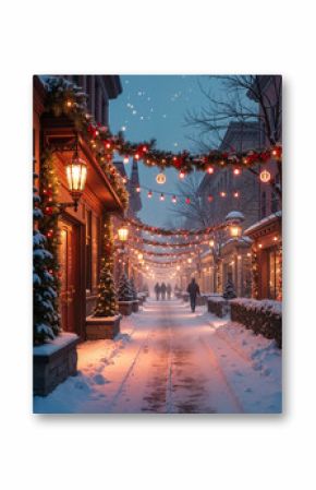 Charming winter street adorned with festive decorations and soft snowflakes falling in a quaint village