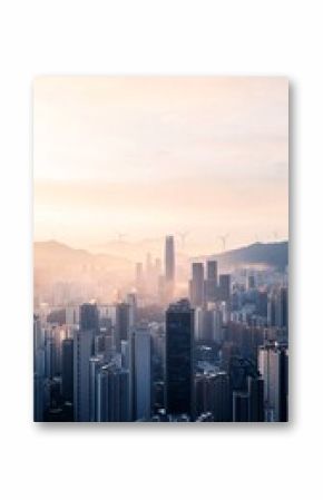 A modern cityscape with skyscrapers and wind turbines on nearby hills, symbolizing net zero carbon goals. The sky has soft clouds with plenty of copy space above the scene.