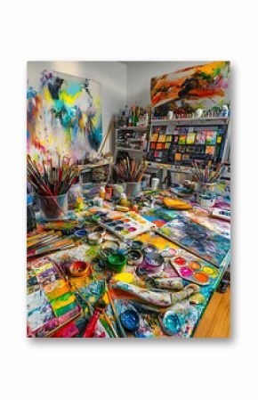 A messy art studio with paintbrushes, paints, and palettes.