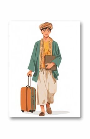 A foreign traveler in traditional attire carries a suitcase while exploring various cultures in this illustration.