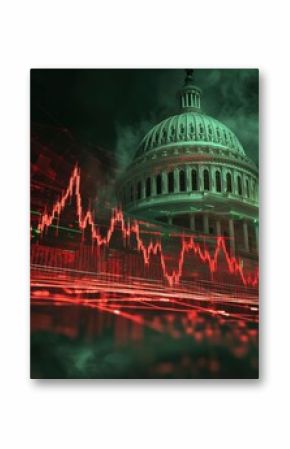 A fluctuating stock market graph overlays a dramatic view of a government building under ominous lighting effects