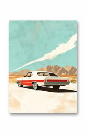 A classic car is driving down a road in the desert. The desert landscape is barren and desolate, with no other cars or people in sight.