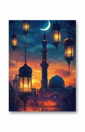 Serene twilight view of a mosque silhouette against a vibrant sunset with stars and a crescent moon