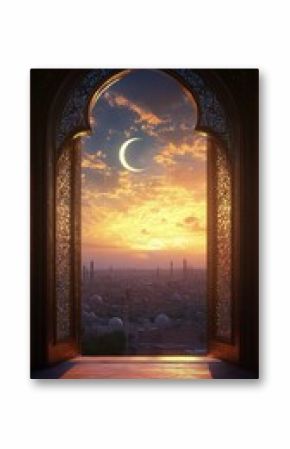 A breathtaking sunset view from an archway with a crescent moon over a historic skyline