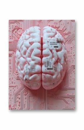 Abstract representation of a brain with circuit patterns on a pink background in a modern style