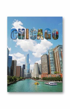 View of the Chicago skyline and tour boats on the Chicago River with Chicago collage